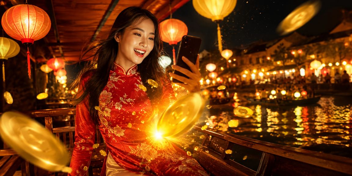 Người chơi xem kèo cá cược casino trên điện thoại dưới ánh đèn lồng Hà Nội