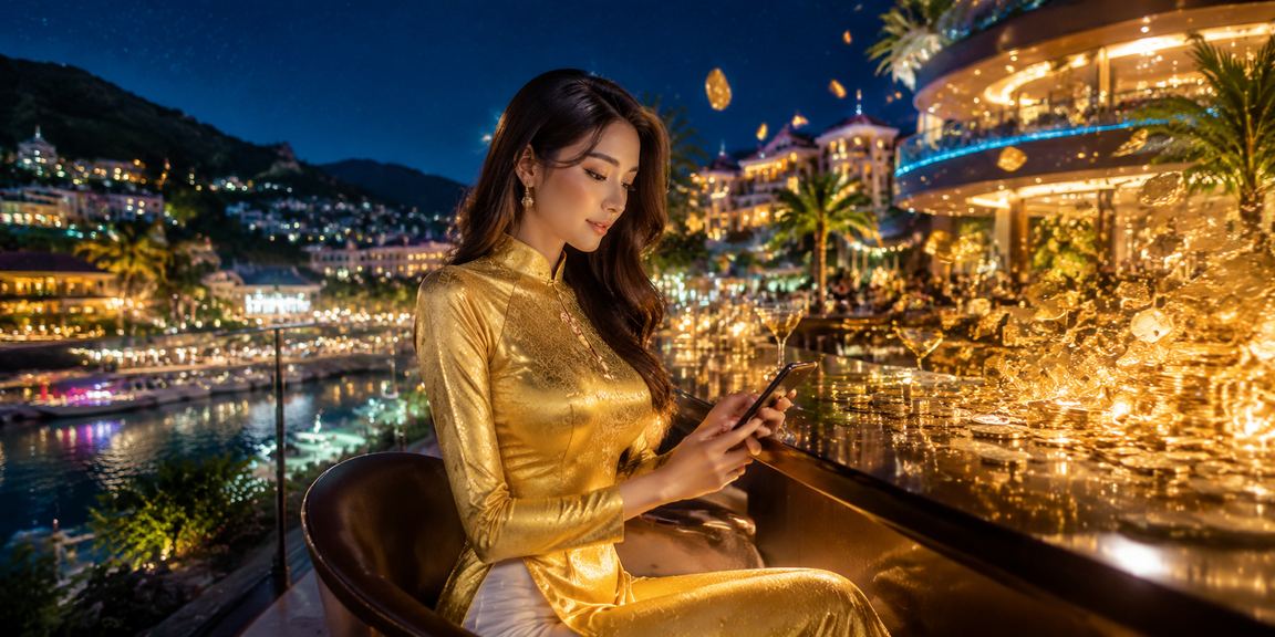 Người phụ nữ áo dài xem kết quả xổ số trên điện thoại tại Sapa sương mù